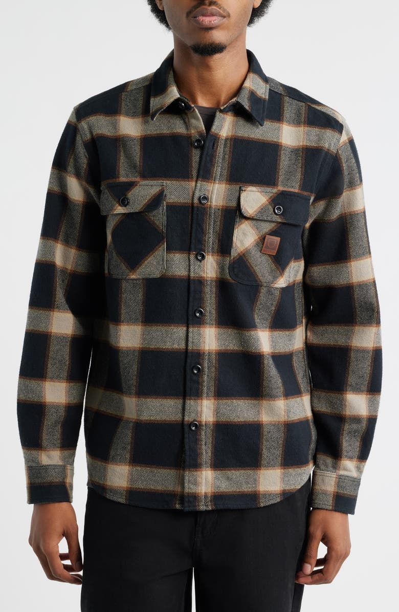 Brixton Bowery Standard Fit Plaid Heavyweight Cotton Flannel Button-Up Shirt, Alternate, color, Black/ Cream