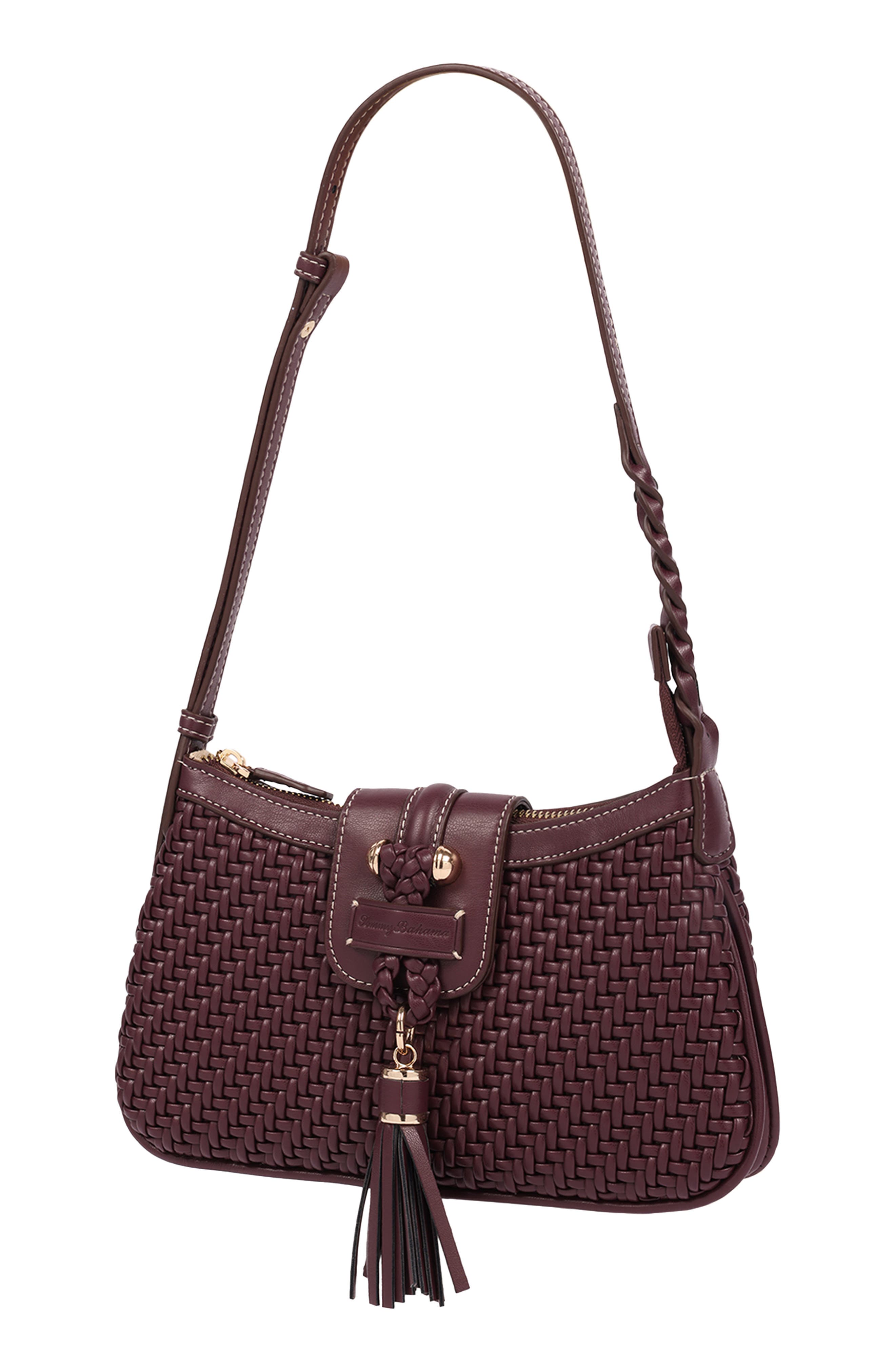 Tassel Tab Woven Faux Leather Shoulder Bag, Alternate, color, WINE