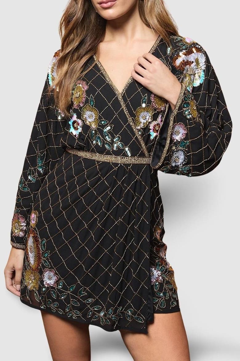 Floral Embellished Mini Dress, Alternate, color, Black