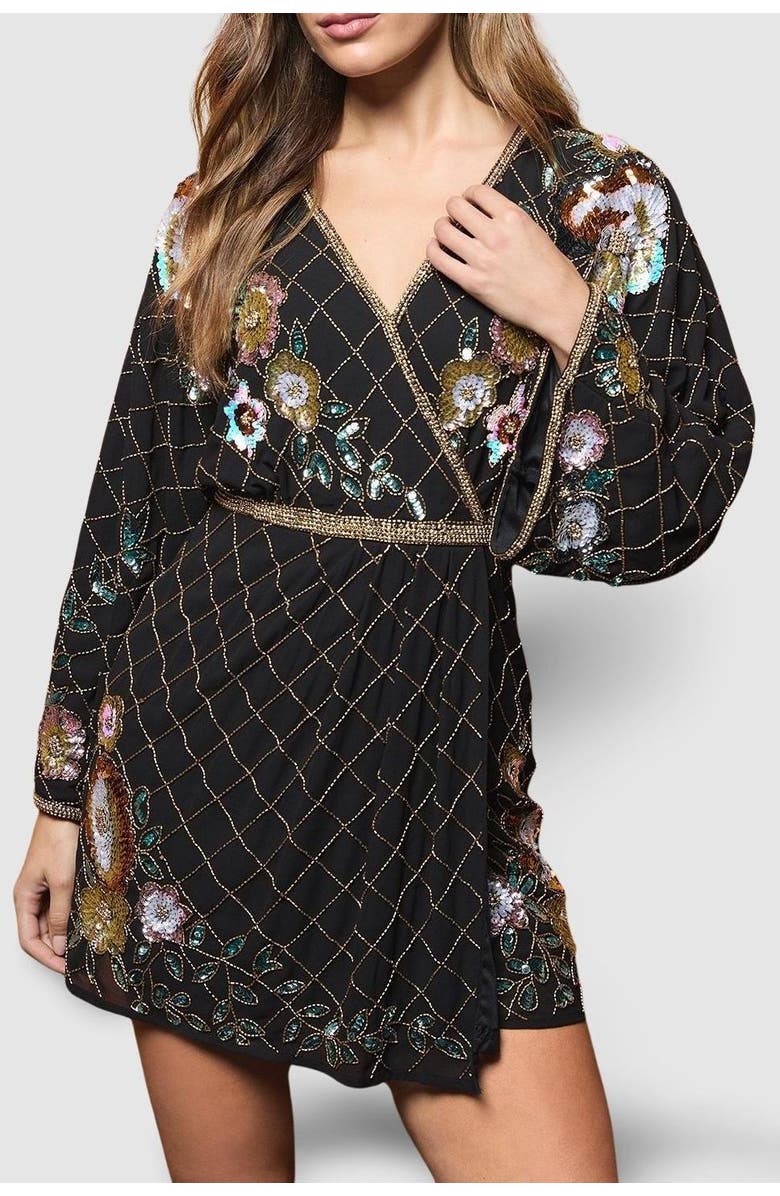 Coast Floral Embellished Mini Dress, Alternate, color, Black