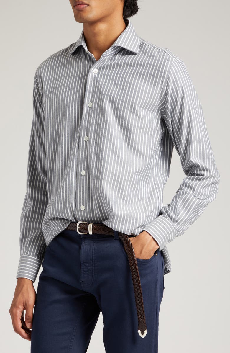 Eleventy Pinstripe Cotton Blend Button-Up Shirt, Alternate, color, 
