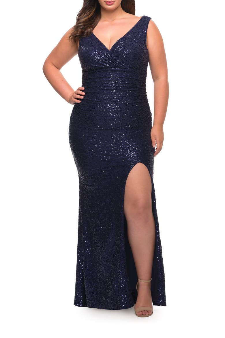 Stretch Sequin Plus Size Gown with Slit and V Neck, Alternate, color, NAVY