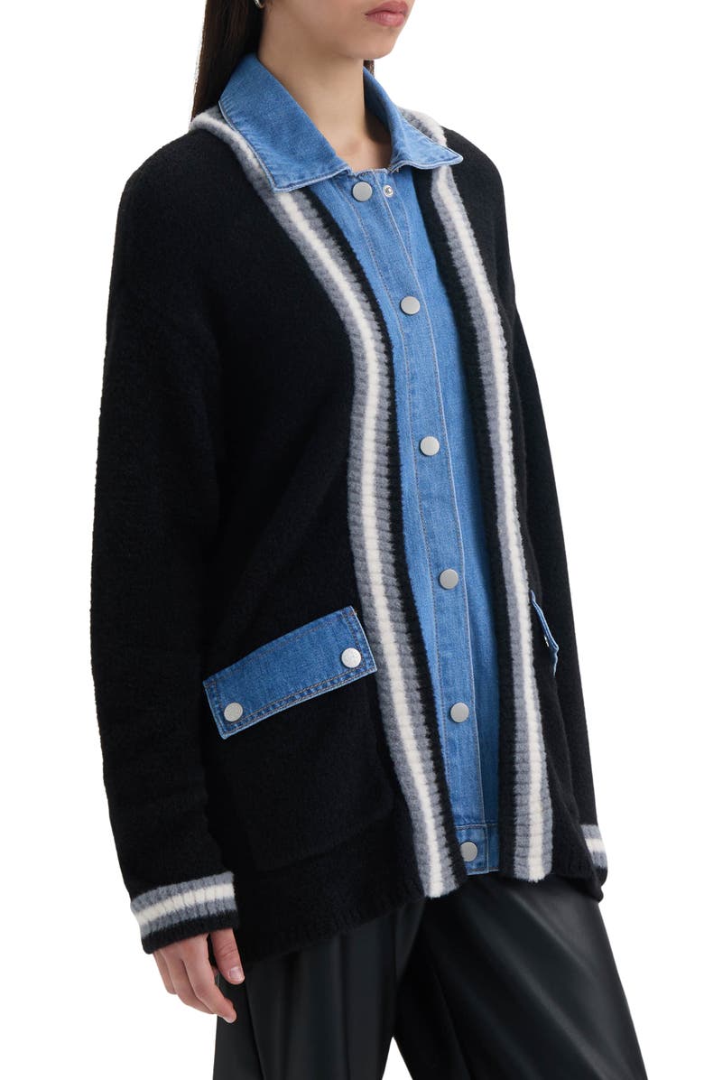 NVLT Denim Trim Varsity Cardigan, Alternate, color, Black