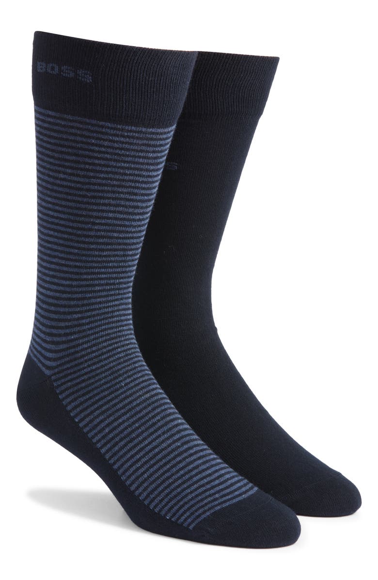 BOSS Assorted 2-Pack Solid & Stripe Cotton Blend Dress Socks, Main, color, Dark Blue