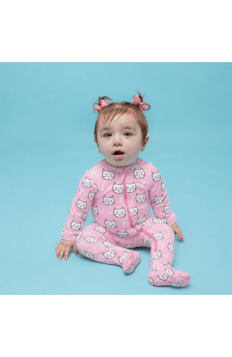 Norani Modal Zip Footie in Pink Cats, Alternate, color, Pink