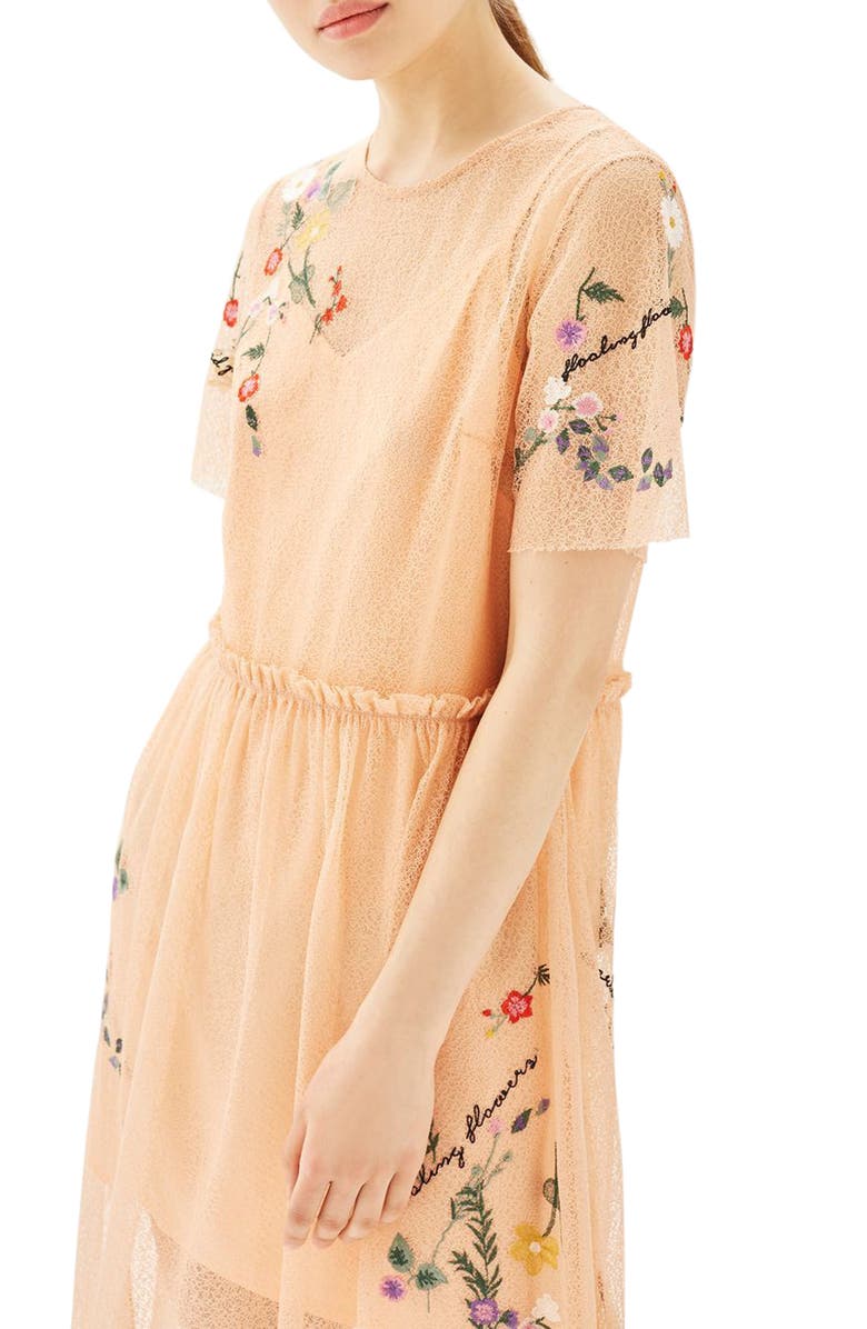 Topshop Embroidered Mesh Midi Dress, Main, color, Peach