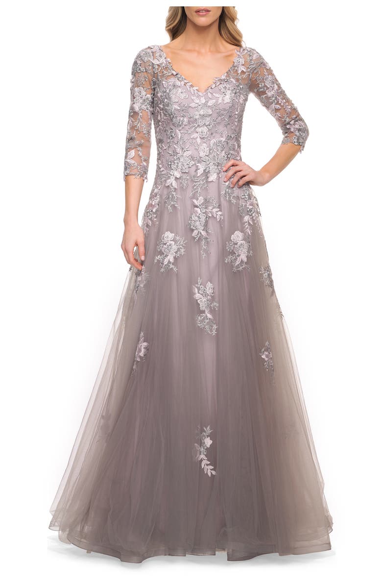 La Femme Elegant A-Line Gown with Lace Applique and V Neck, Alternate, color, Silver/Pink