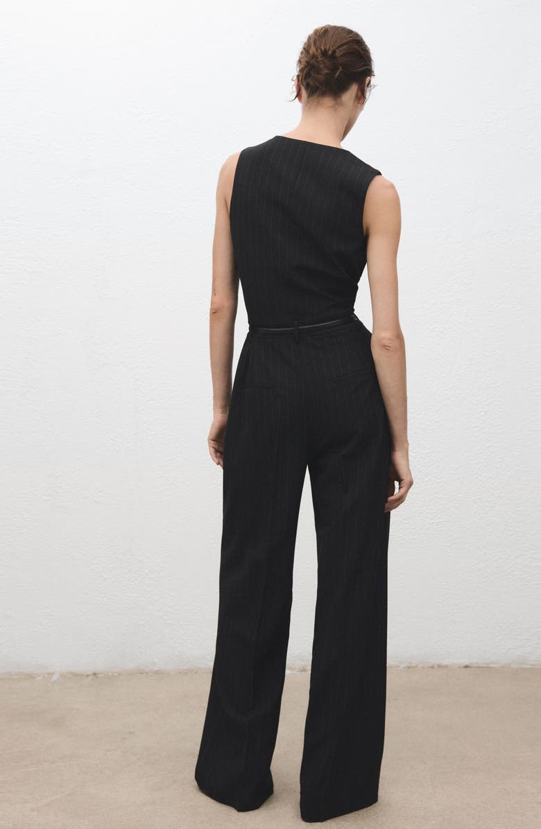 MANGO Pinstripe Sleeveless Belted Jumpsuit, Alternate, color, Dark Navy