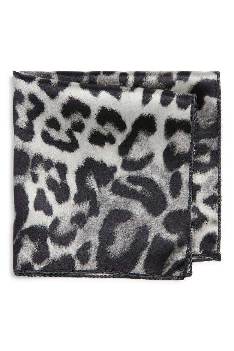 Leopard Print Silk Pocket Square, Main, color, BLACK