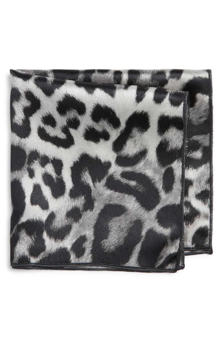 CLIFTON WILSON Leopard Print Silk Pocket Square, Main, color, Black