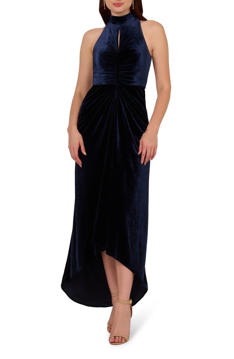 Adrianna Papell Sleeveless Stretch Velvet High-Low Gown, Main, color, 