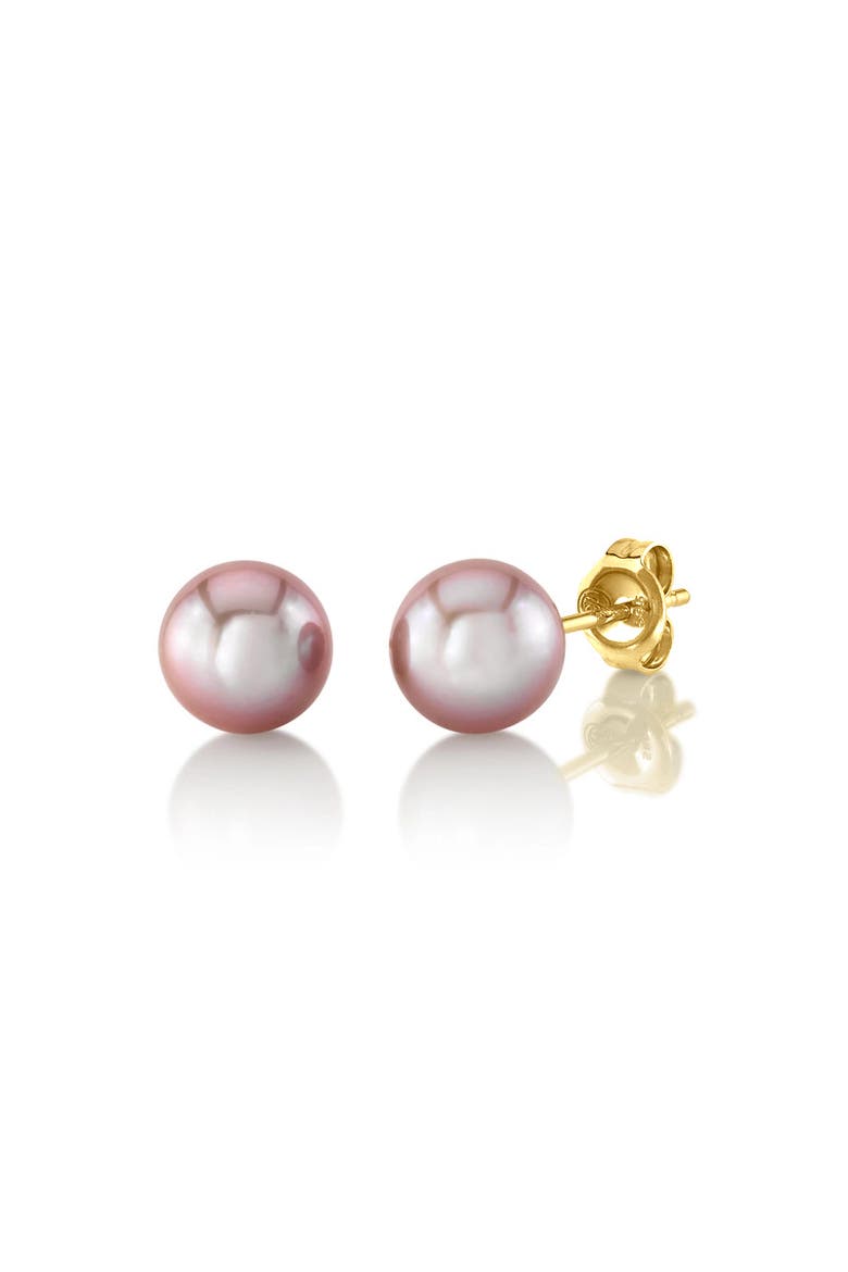 7mm Freshwater Round Pearl Stud Earrings, Main, color, Pink Pearl - Yellow Gold