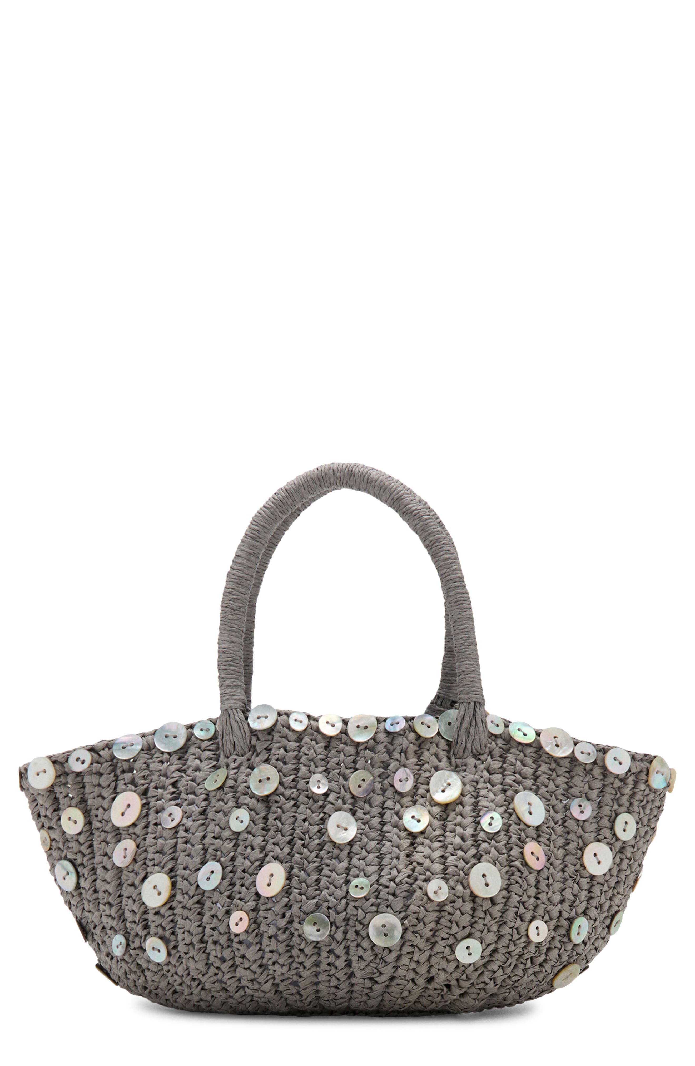 MANGO Button Detail Natural Fiber Top Handle Bag, Main, color, Light/ Pastel Grey