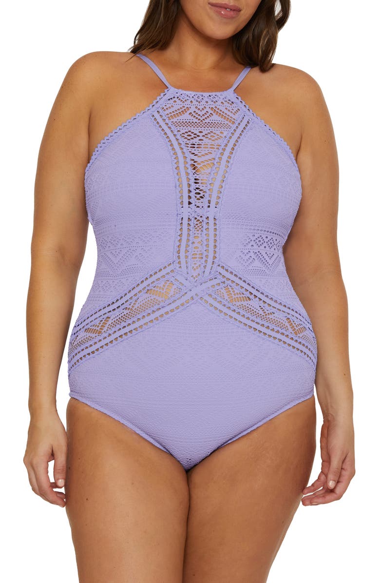Becca Etc. Colorplay Lace Overlay One-Piece Swimsuit, Main, color, Bellflower