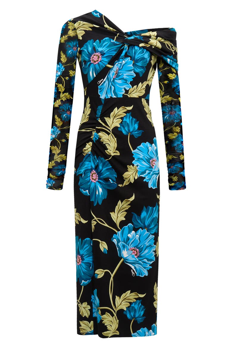 Rich Floral Asymmetric Neck Long Sleeve Midi Dress, Alternate, color, HENDRIX FLORAL DARK TEAL LG/SM
