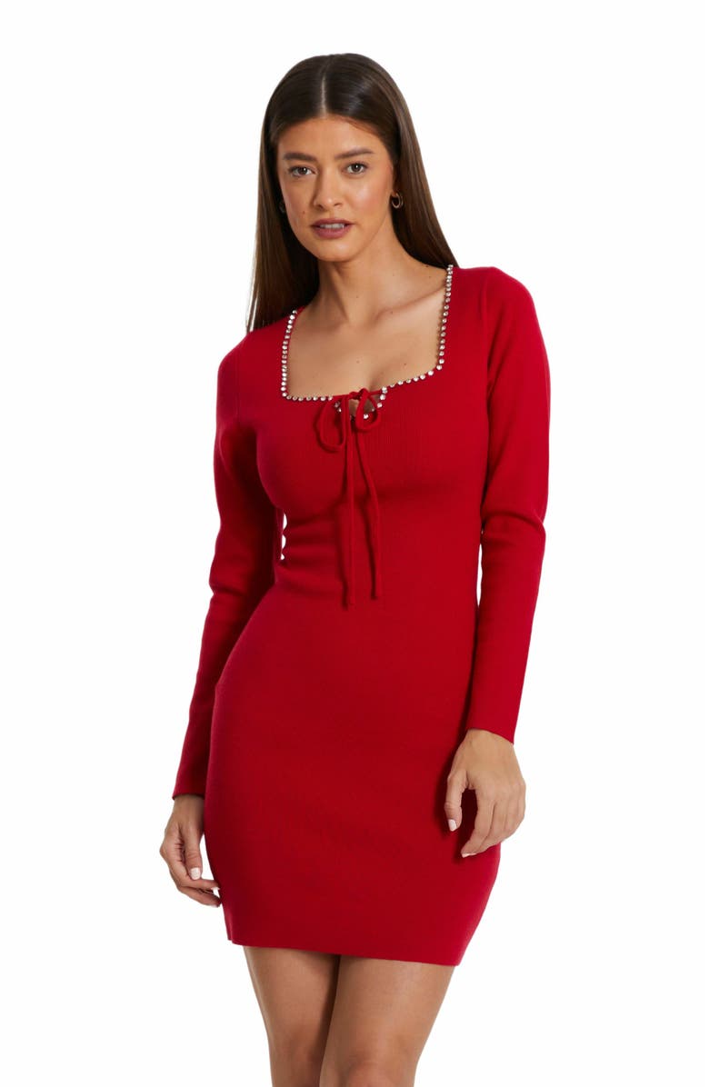 QUIZ Knit Diamante Trim tie Neck Long Sleeve Mini Sweater Dress, Alternate, color, 