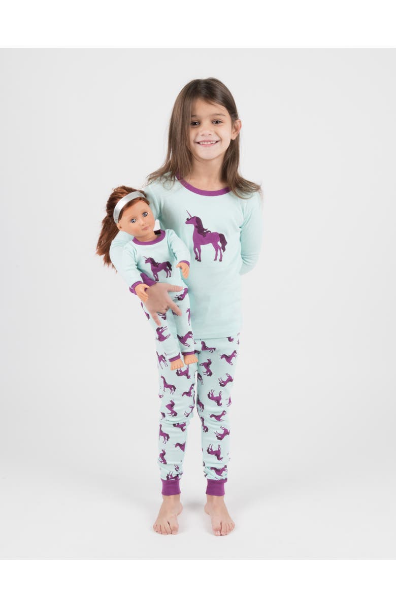 Leveret Girls 2-pc. Cotton Pajamas with Matching Doll Accessory - Unicorn & Fantasy Prints, Alternate, color, Unicorn Purple