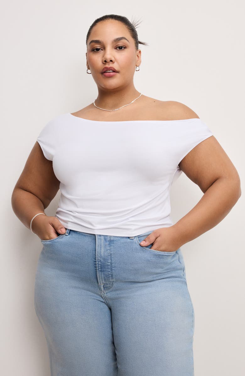 Good American Asymmetric Off the Shoulder Jersey Top, Alternate, color, White001