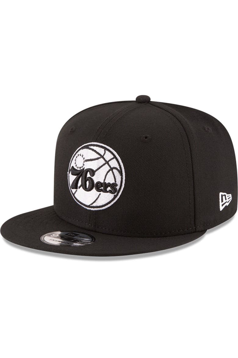 Men's New Era Black Philadelphia 76ers Black & White Logo 9FIFTY Adjustable Snapback Hat, Main, color, Black