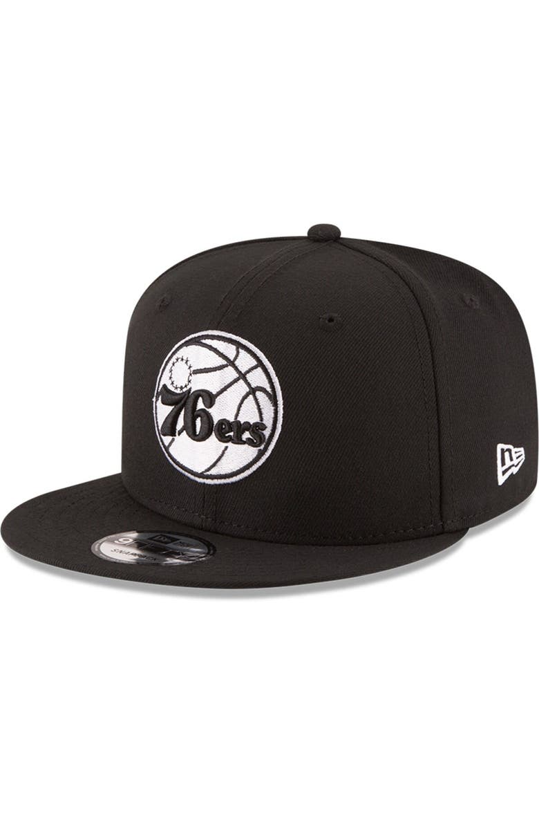 New Era Men's New Era Black Philadelphia 76ers Black & White Logo 9FIFTY Adjustable Snapback Hat, Main, color, Black