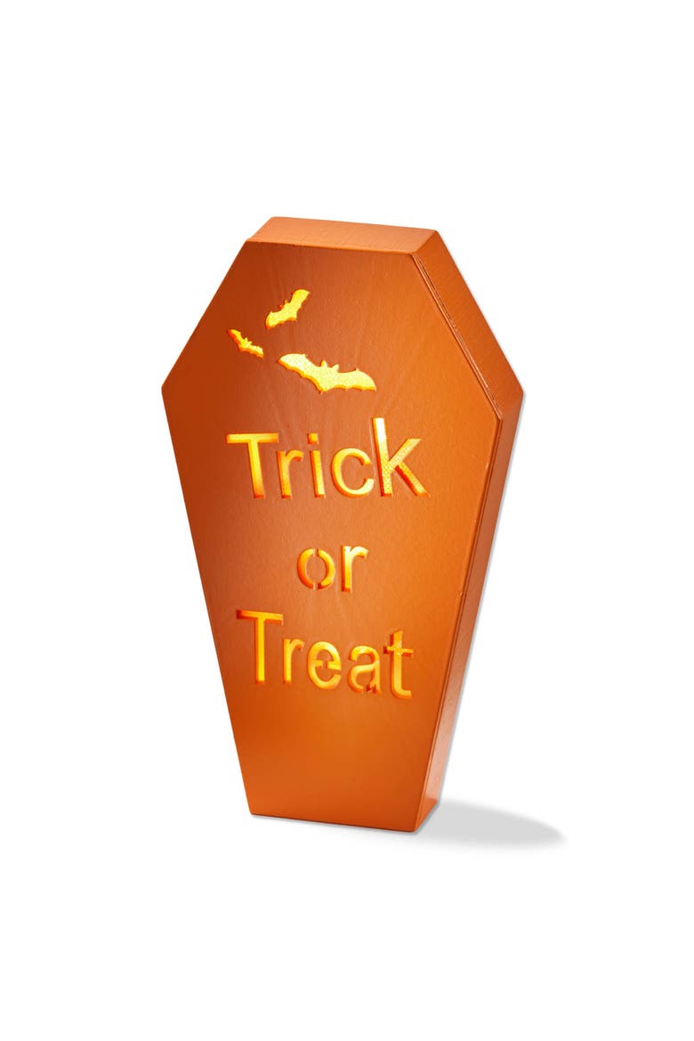 Trick or Treat Coffin LED Decor - Halloween Indoor Sculpture, Main, color, Orange