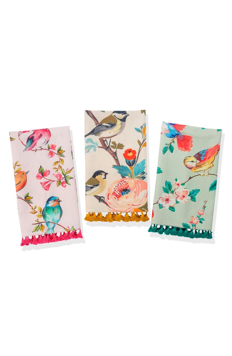 Tiramisu Avian Bloom Set of 3 Cotton Kitchen Towels, Main, color, Blush/ Sage/ Mustard
