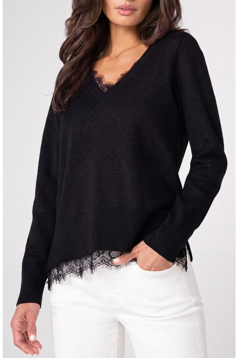 Lace Trim V-Neck Sweater, Main, color, BLACK