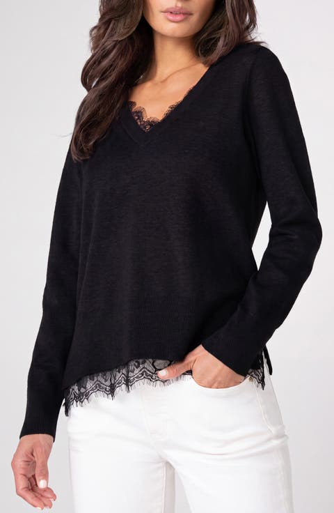 Lace Trim V-Neck Sweater