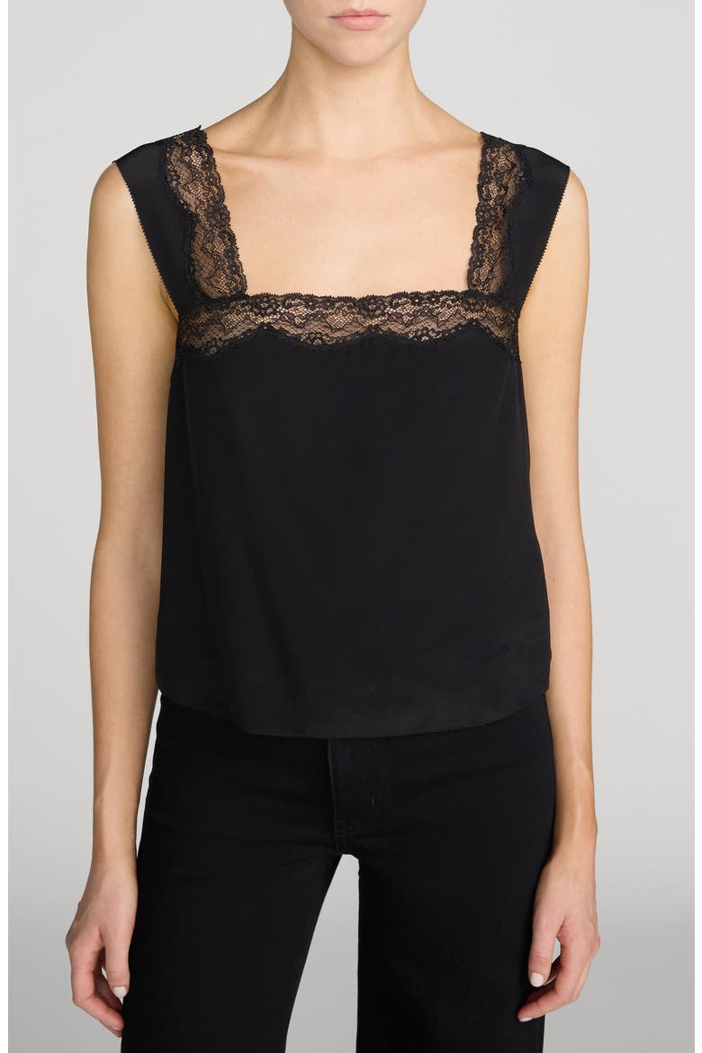 The Chandelier Lace Trim Silk Camisole, Main, color, BLACK