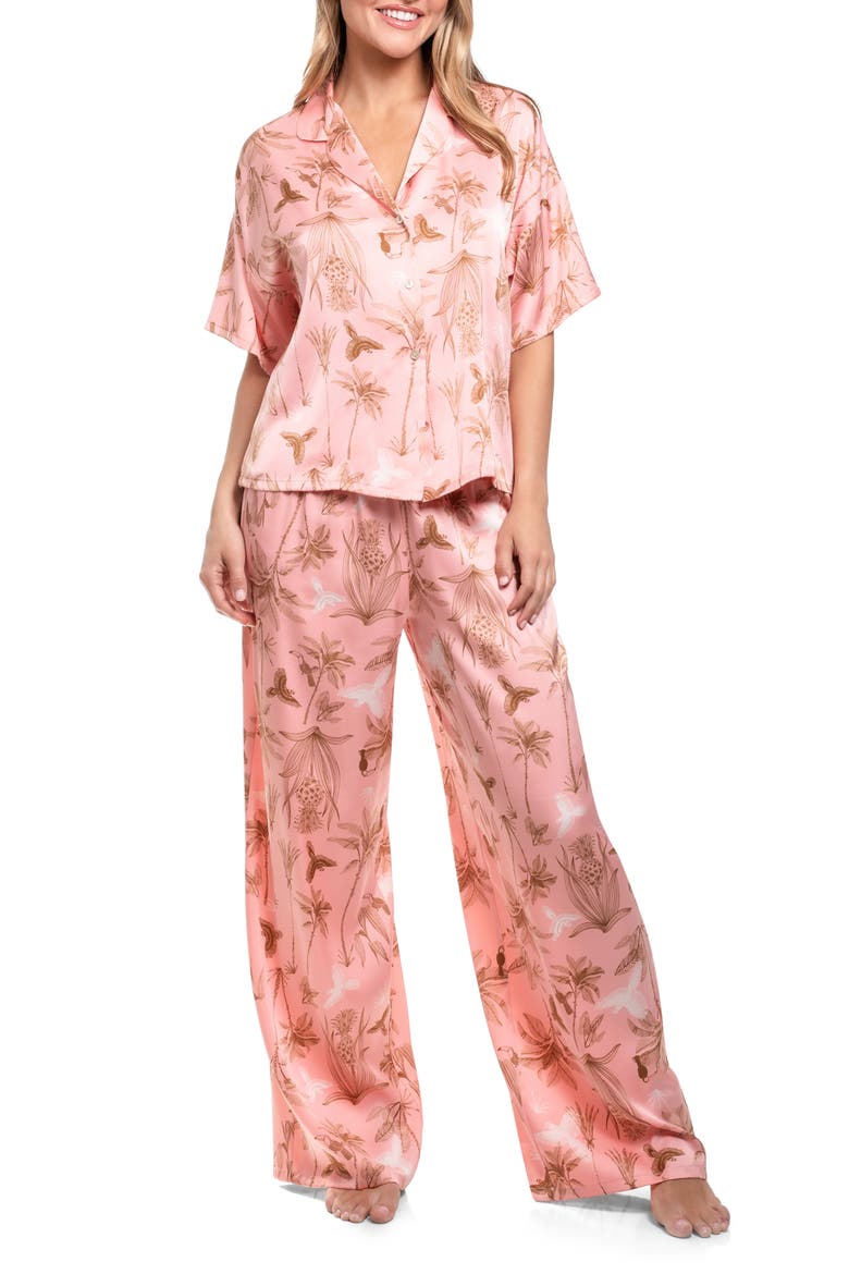 Tropical Print Button-Up Top & Pants Pajamas, Main, color, PINK