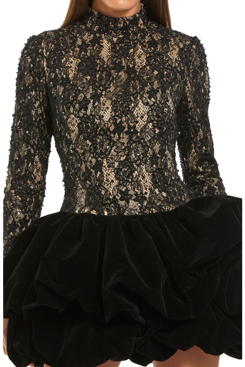 Women's Sequin Lace Bubble Hem Mini Dress, Alternate, color, Black