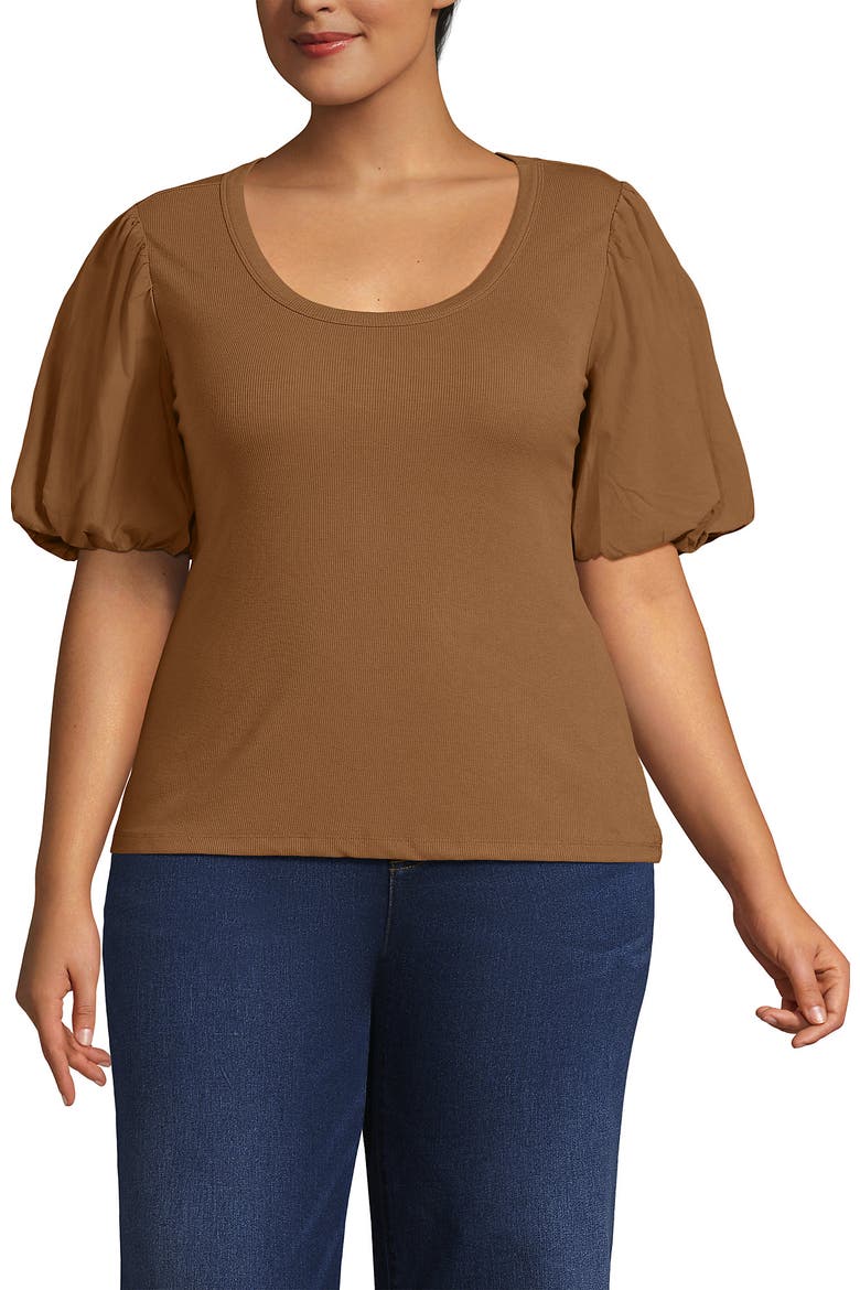 Drapey Rib Puff Sleeve Scoop Neck Top, Main, color, Canyon Camel