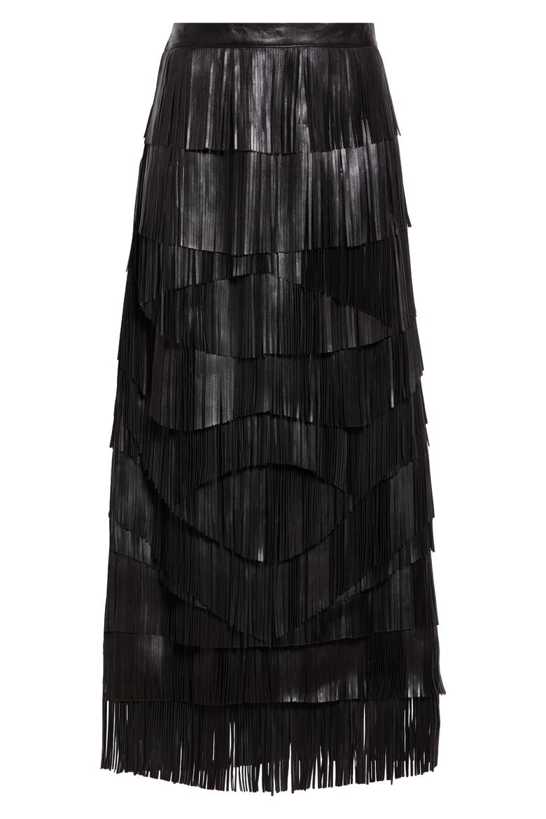 Therese Leather Fringe Maxi Skirt, Alternate, color, NOIR