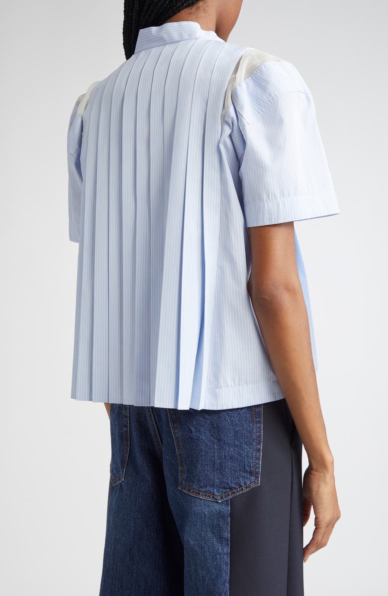 Sacai Pinstripe Pintuck Poplin Short Sleeve Button-Up Shirt, Alternate, color,