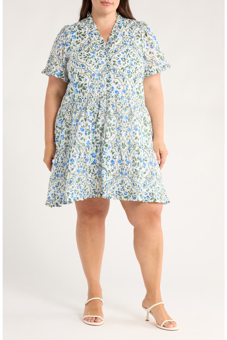 Kara Hilo Floral Tile Print Cotton Shift Dress, Main, color, WHITE/ BLUE/ GREEN