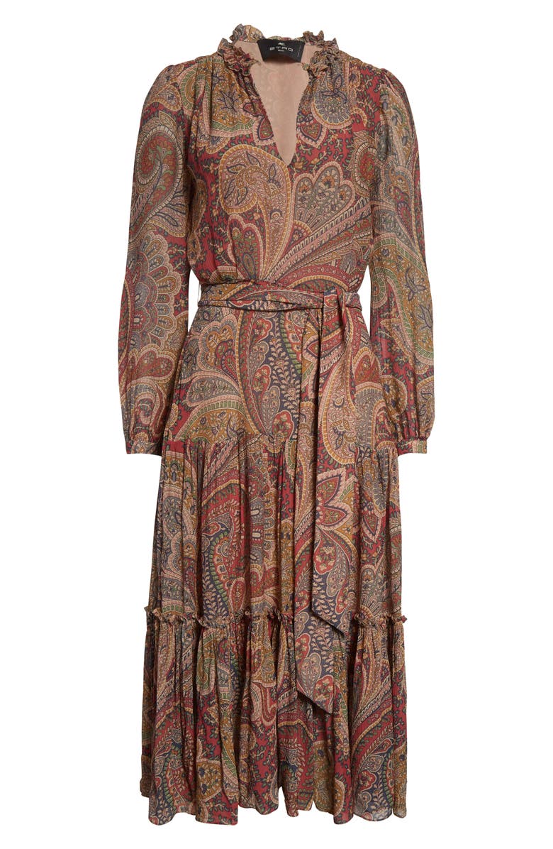 Etro Paisley Print Long Sleeve Belted Crepon Midi Dress, Alternate, color, Bordeaux