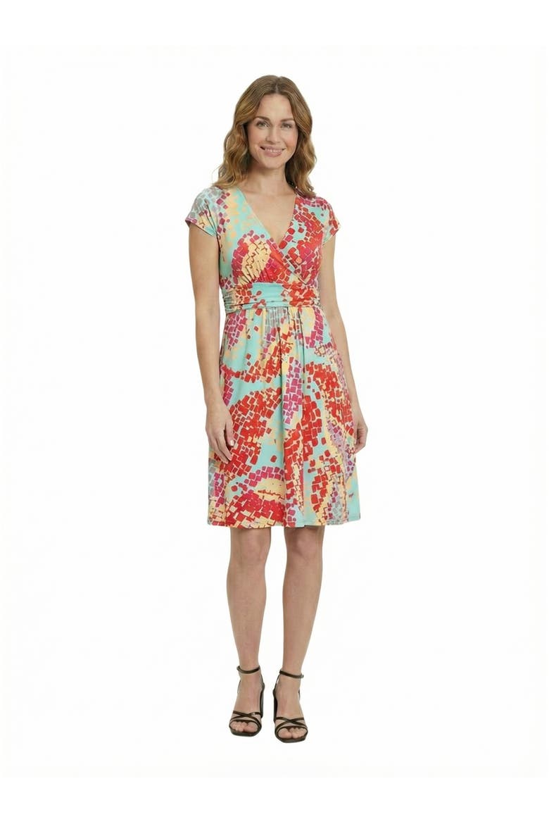 Essential Petite Mosaic V-Neck Cap Sleeve Knee Length A-Line Pocket Dress, Main, color, Blue Multi