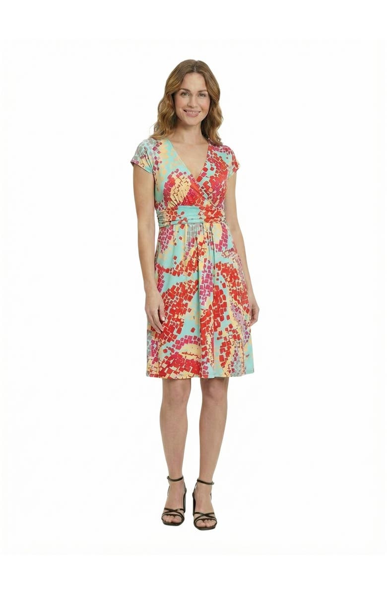 24seven Comfort Apparel Essential Petite Mosaic V-Neck Cap Sleeve Knee Length A-Line Pocket Dress, Main, color, Blue Multi