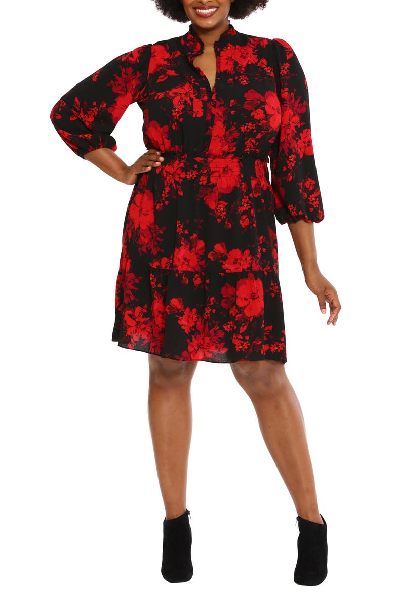 Floral Long Sleeve Tiered Dress, Main, color, BLACK/ WINE