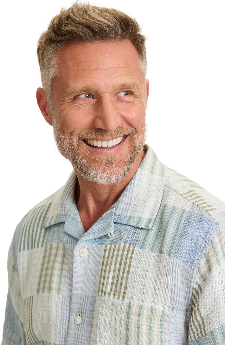 Tommy Bahama Patchwork Sands Linen & Cotton Camp Shirt, Alternate, color, Blue/ Biscotti Tan