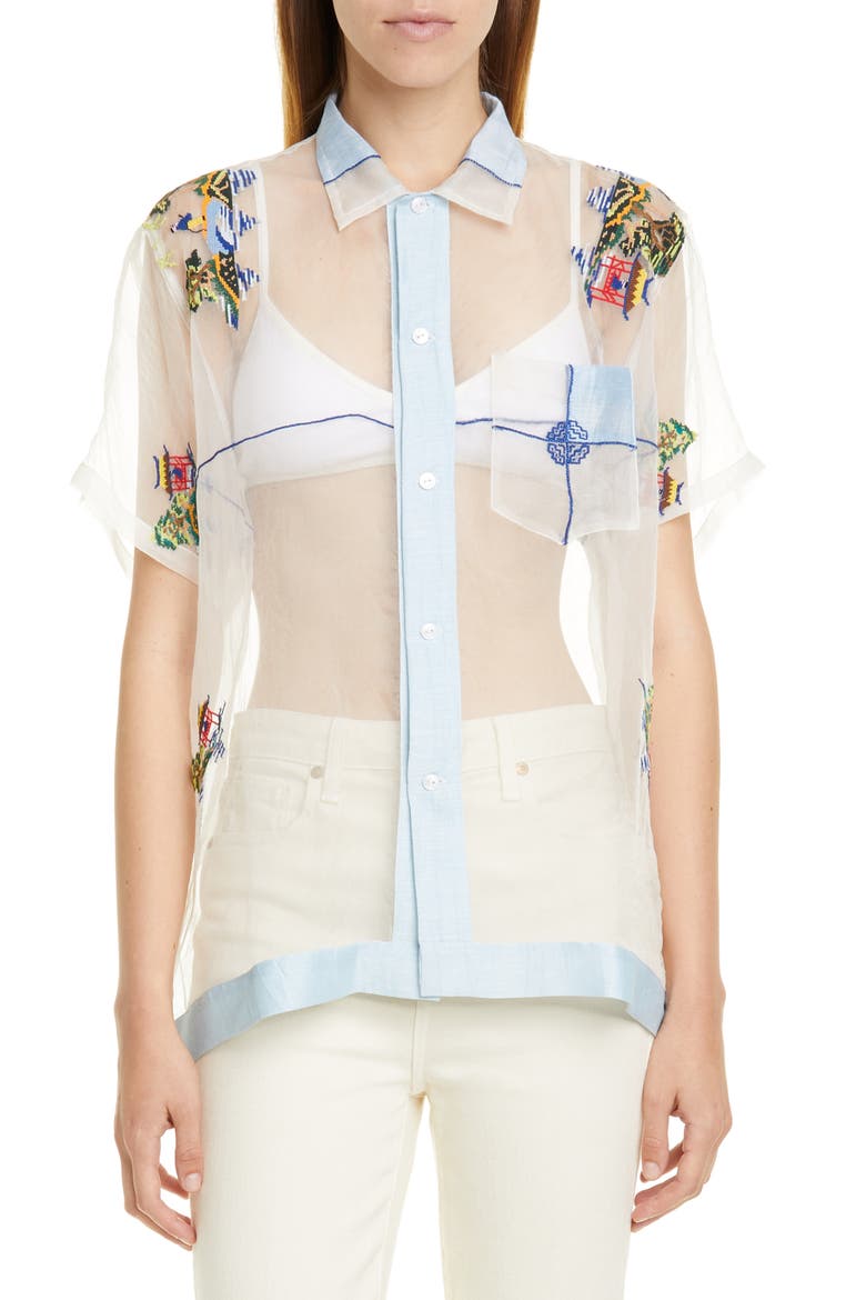 Pagoda Scene Sheer Silk Organza Shirt, Main, color, LIGHT BLUE