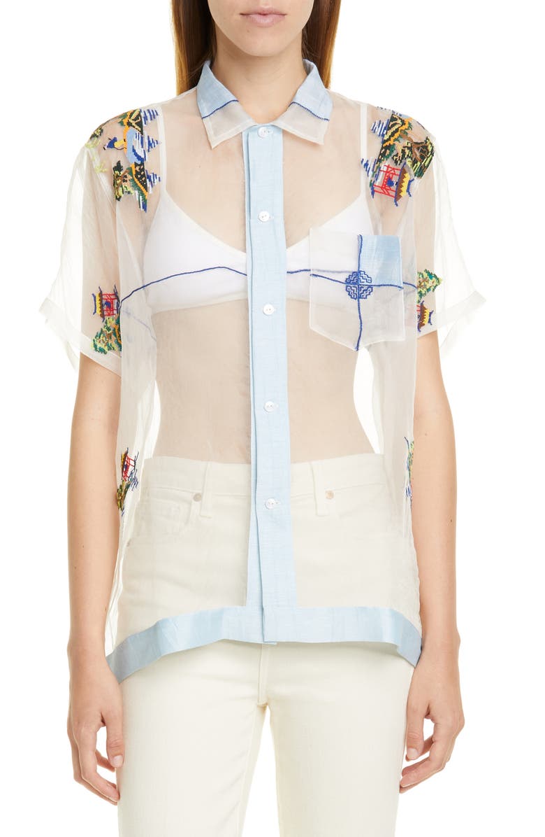 Bode Pagoda Scene Sheer Silk Organza Shirt, Main, color, 