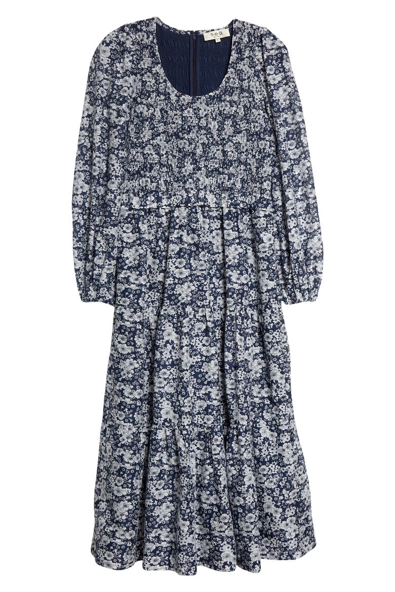 Suzie Smocked Floral Print Long Sleeve Cotton Midi Dress, Alternate, color, BLUE MULTI