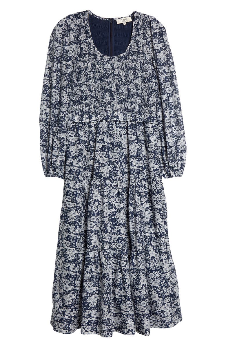 Sea Suzie Smocked Floral Print Long Sleeve Cotton Midi Dress, Alternate, color, 