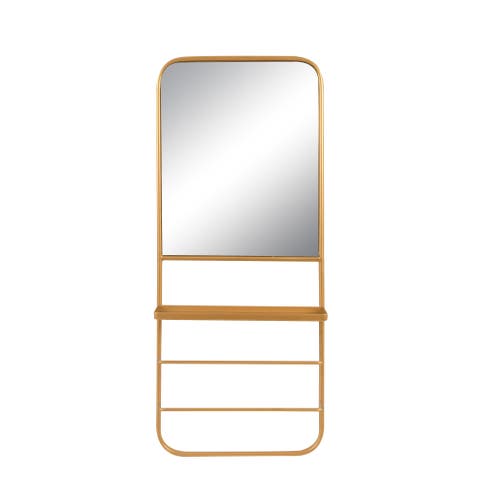 Metal Framed Wall Mirror With Shelf And 2 Rods, Gold