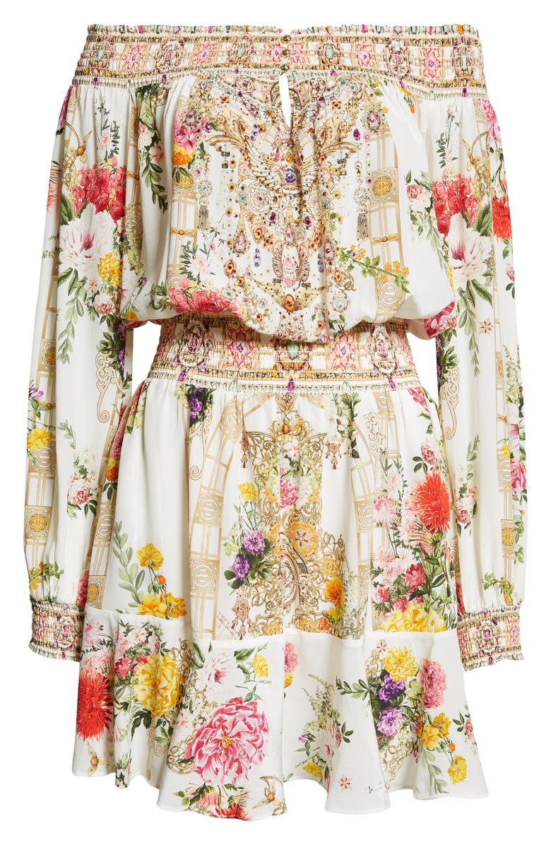Camilla Egyptian Rose Print Off the Shoulder Long Sleeve Silk Crepe Minidress, Alternate, color, 