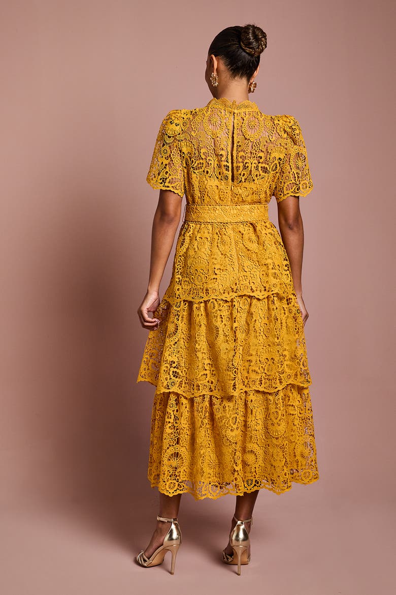 Petite Tiered Lace Midi Dress, Alternate, color, Gold