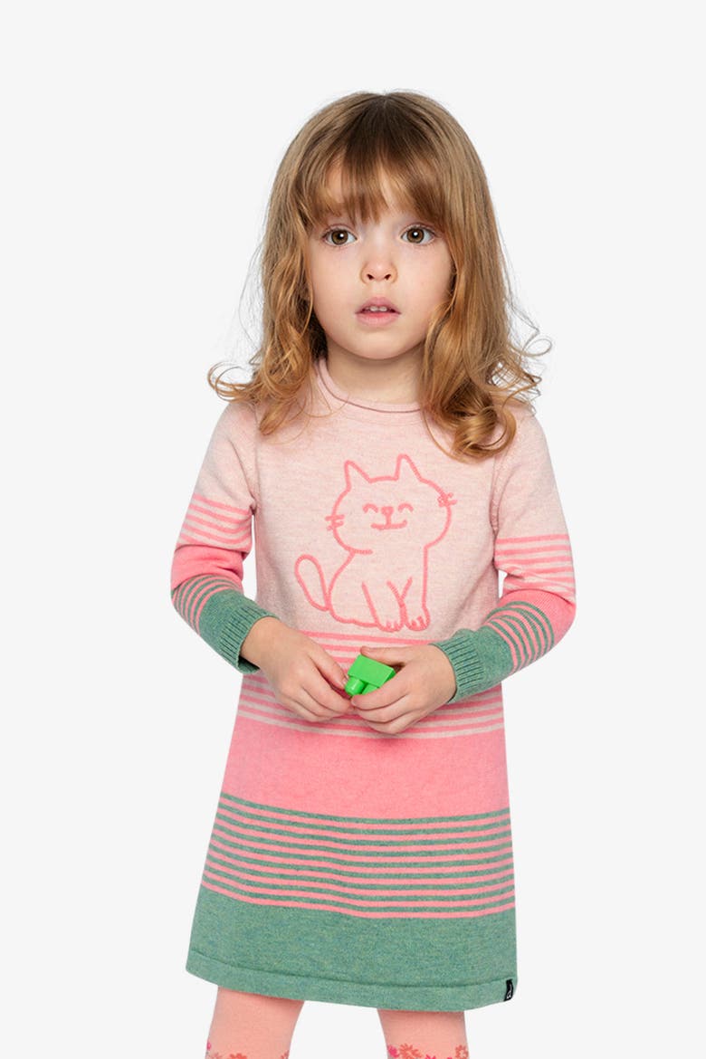 Knitted Stripe Cat Appliqué A-Line Dress, Alternate, color, Very Pale Pink and Green