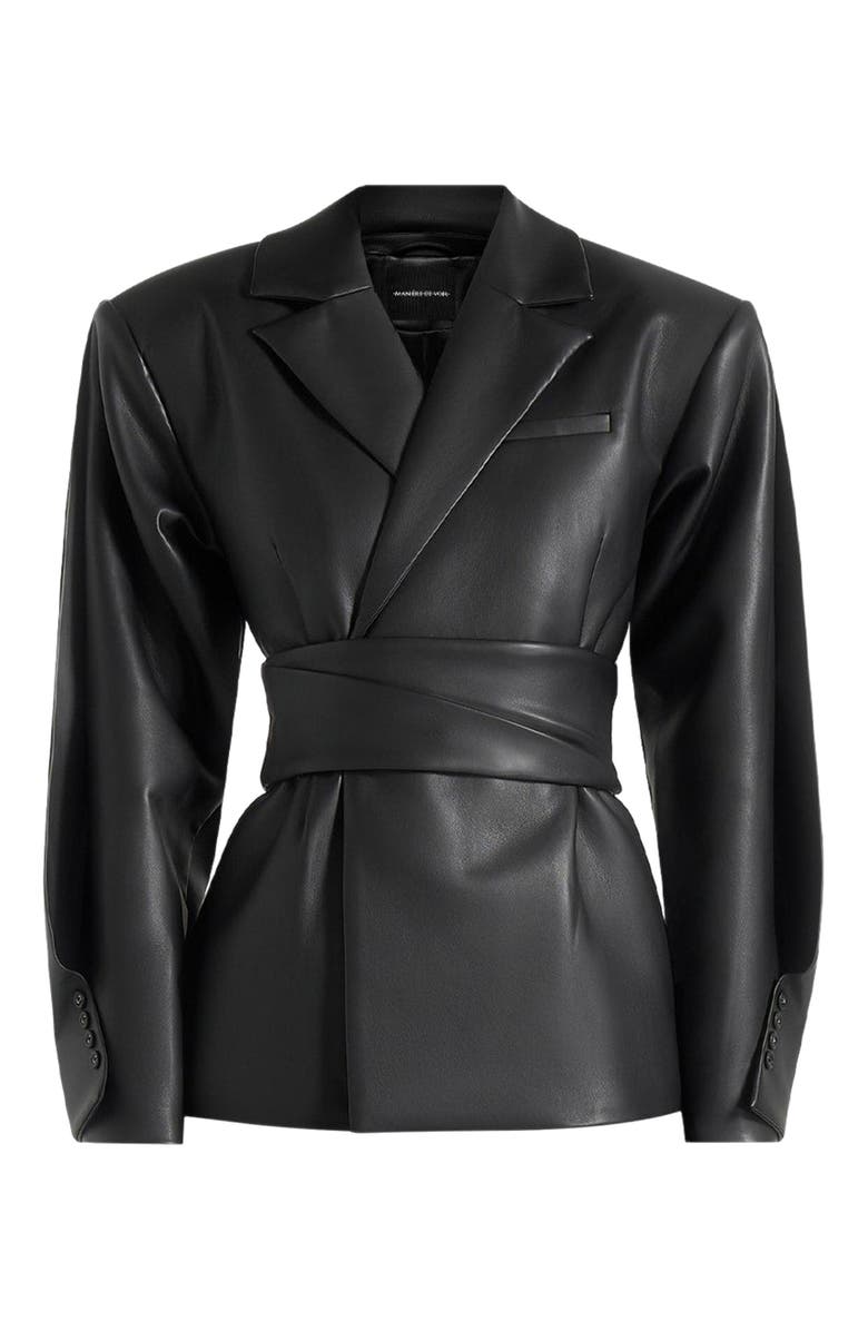 Manière De Voir Marie Twist Sleeve Leather Blazer with Belt, Alternate, color, Black
