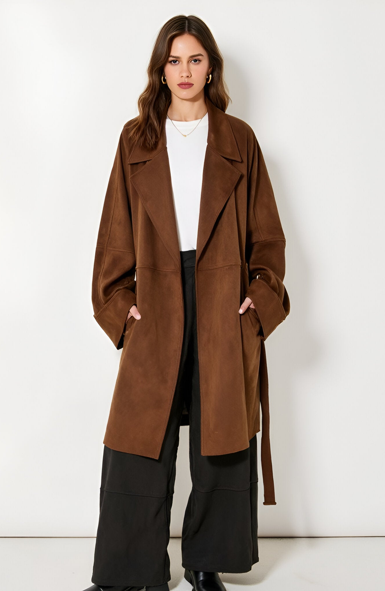 Modenaire Oversized Faux Suede Coat with Wide Lapels and Side Pockets, Alternate, color,